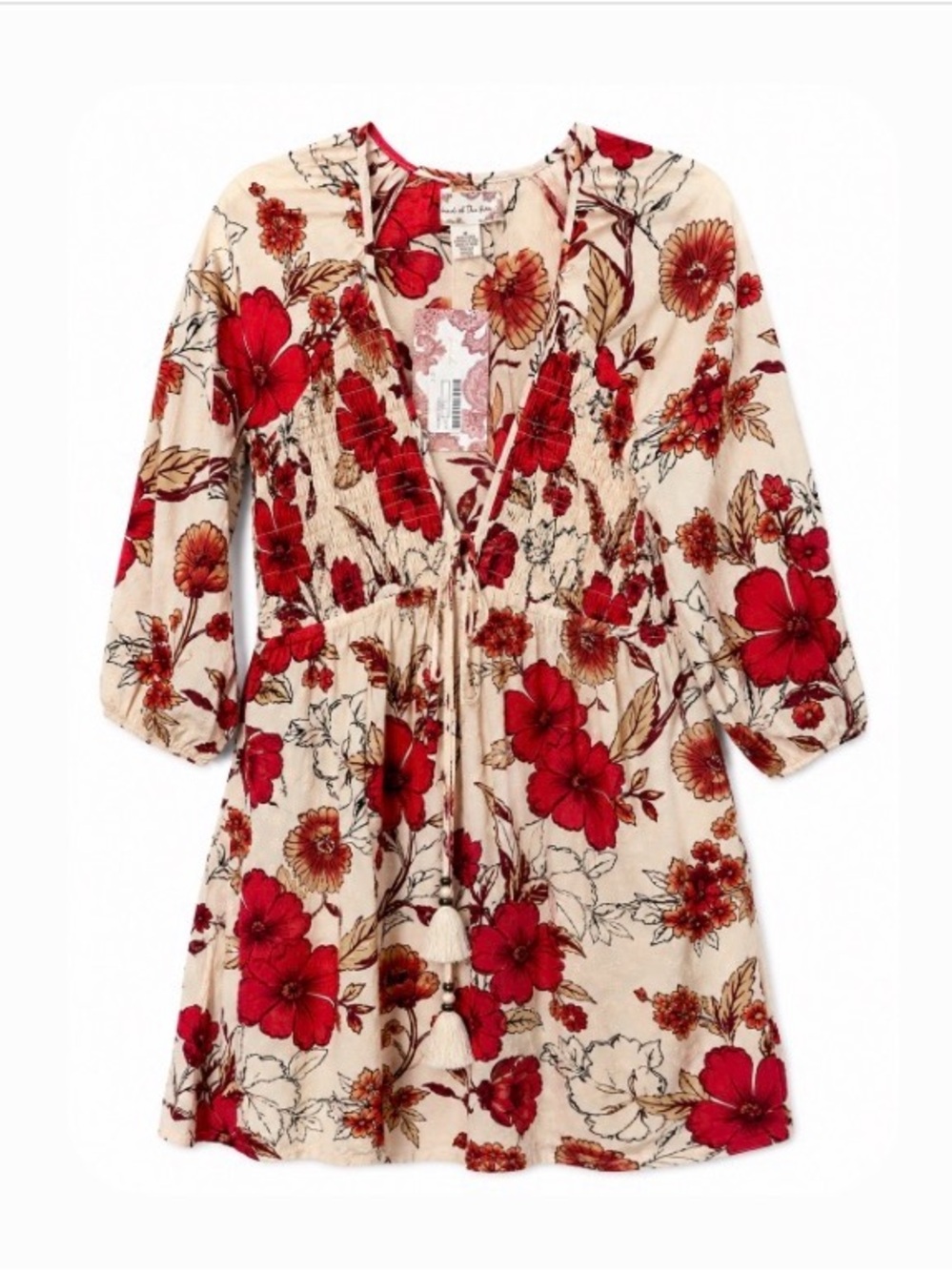 NWT Band of the Free Floral Tie-Front Midi Dress in Red and Cream